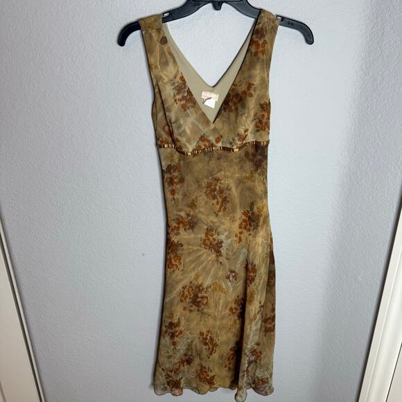 Vintage Y2K Floral Midi Dress Olive Brown V-Neck Sleeveless Cottagecore - Picture 2 of 4